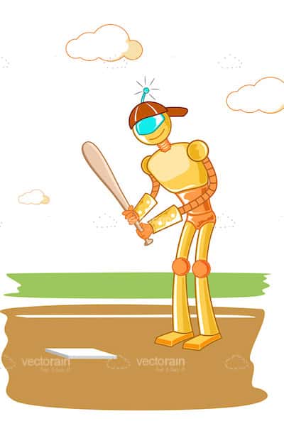 Golden Robot Wearing a Baseball Cap and Playing Baseball